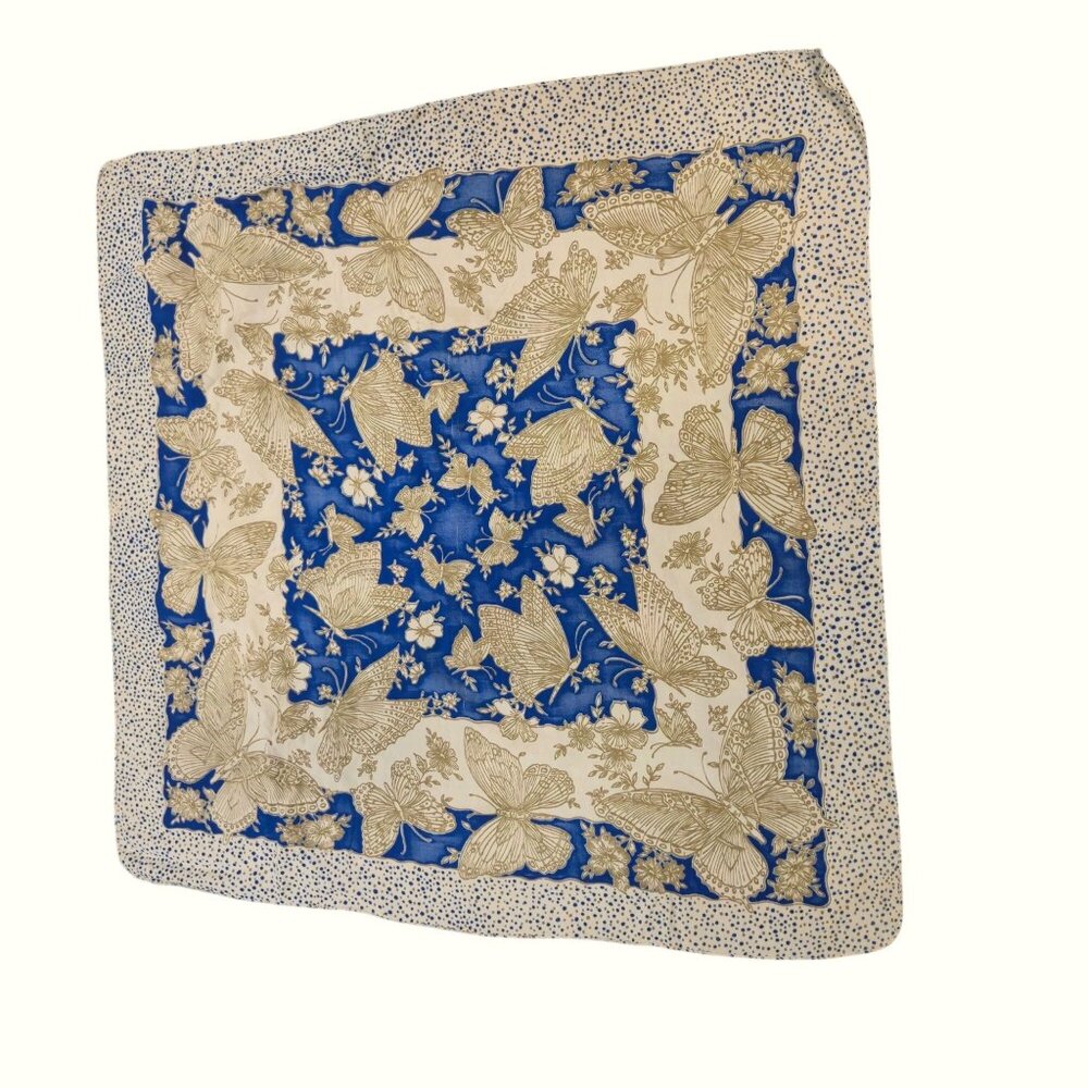 Vintage Butterfly Scarf Blue Gold Boho Headscarf Square Kerchief Wrap Bandana - Picture 11 of 13